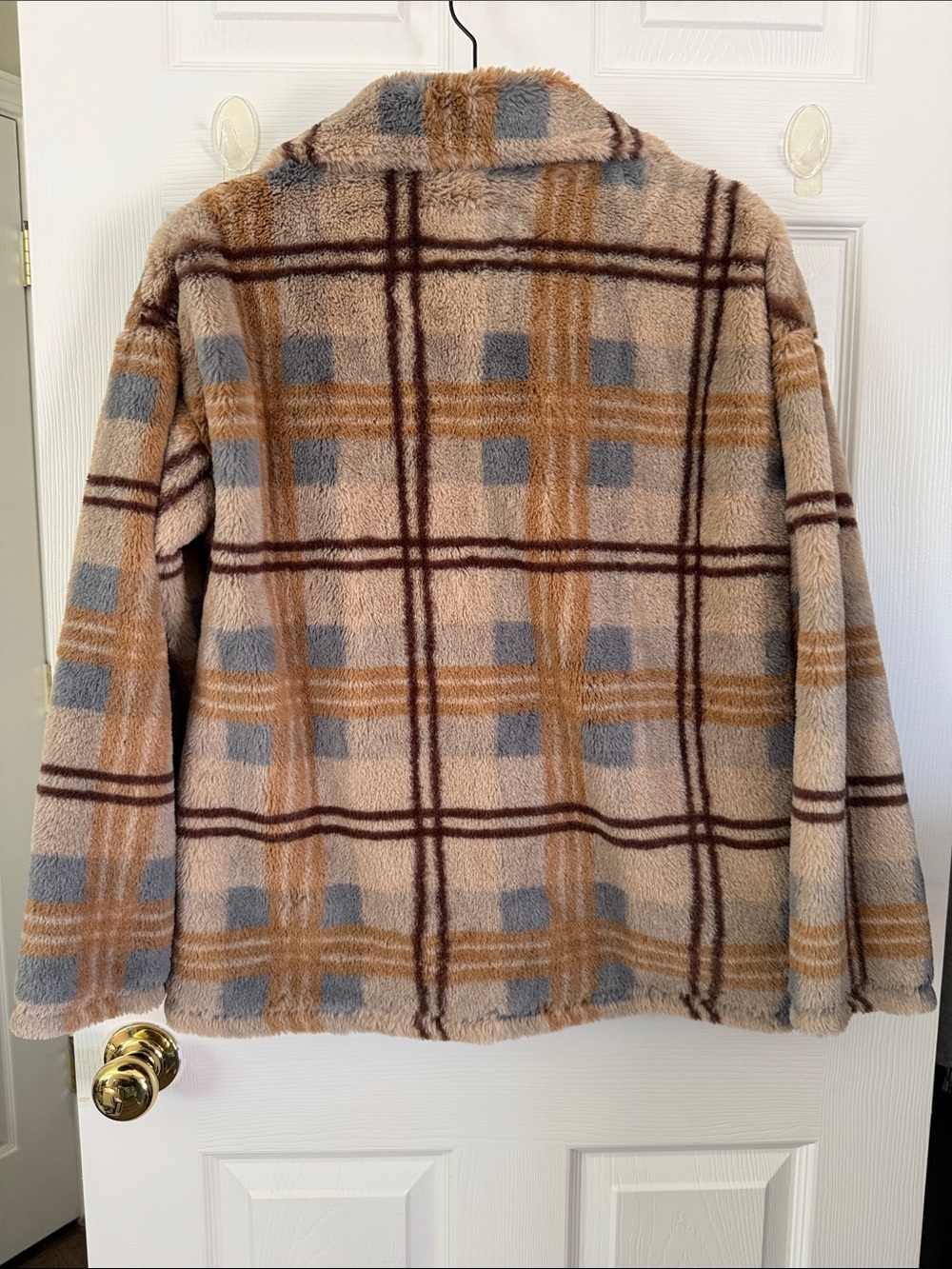 ODDY Plush Faux Fur Coat in Brown & Tan Plaid